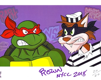 t2z PreFIGHT Donut Shop EXCLUSIVE - l.e. TMNT l"Raph vs Scratch" print by Ryan Brown, Lavigne and tOkKa; signed by R.B. NYCC 2018