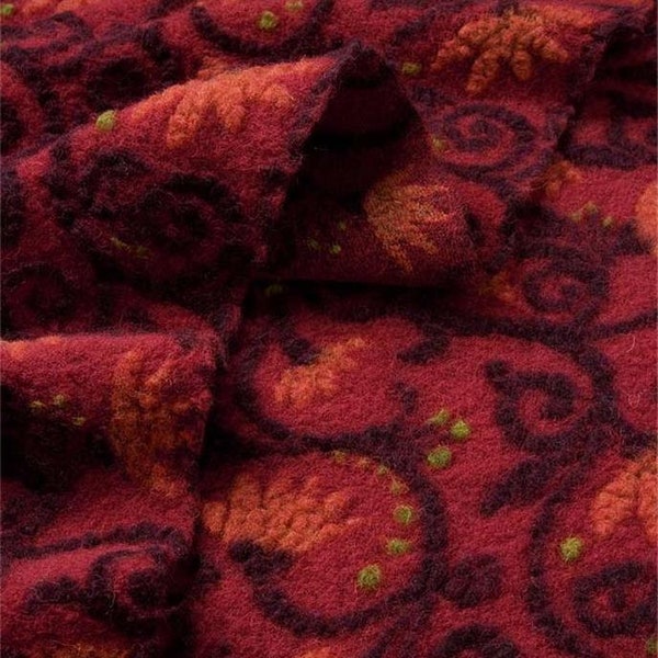 FLOWERWALK RED - Red orange brown Felted wool walk fabric - Wool Walk fabric designed for coats, jackets, skirts, hats, dress, mittens