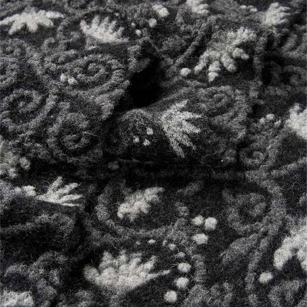 FLOWERWALK BLACK - Black, grey, white Felted wool fabric, Wool Walk fabric for coats, jackets, skirts, hats, dress, mittens
