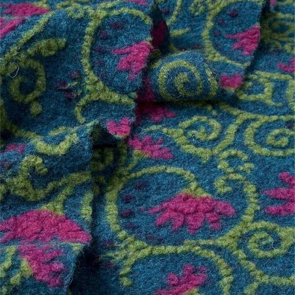 FLOWERWALK PETROL - Blue green Felted wool fabric - Wool Walk fabric designed for coats, jackets, skirts, hats, dress, mittens