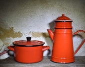 French Red Enamel Coffee Pot Small Red Enamel Casserole Dish, Retro Camping Enamel Stove Top Coffee Pot Vgc 4 Piece Plus Enamel Saucepan