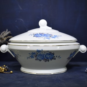1930s French Small Porcelain Tureen, An Elegant Art Deco Limoges Porcelain Tureen, Blue Roses Transferware, Stylish French Art Deco Tureen