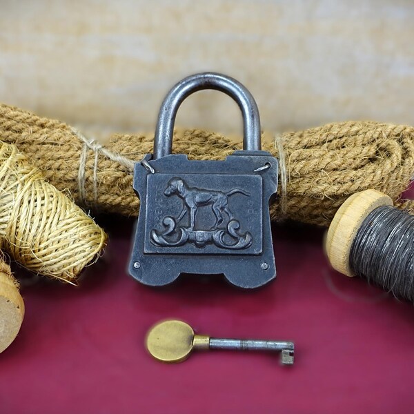 Antique French Cast Iron Padlock, Dog Motif, Breveté S.G.D.G.