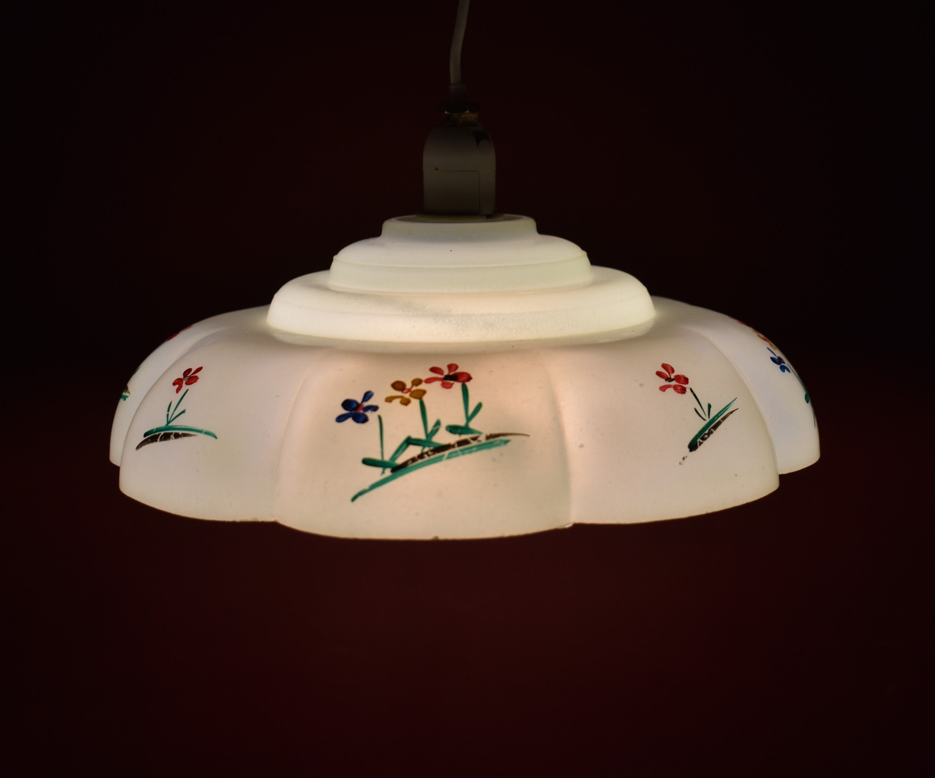 1930S Retro Light Shade, A Plastic Art Deco Pale Green Ceiling Shade & Sweet Hand Painted Flowers, L
