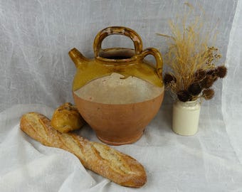 French Primitive Clay Gargoulette, Gorgeous Rustic Part Glazed Farmworkers Earthenware Water Carrier, Deep Mustard Glaze, Cute Handle/Spout