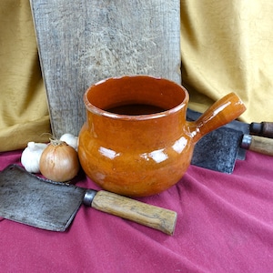 French Vallauris Toupin, Wonderful Provence Fully Glazed Cooking Pot, 6 1/4&quot; Clay Pot With Traditional Side Handle, Great Earthenware Tones.