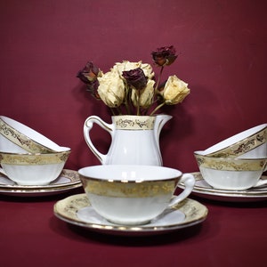 1950s French Cup & Saucer Set, 5 "St Amandinoise" Demi-Porcelain Cups, Saucers + Cream Jug/Vase, Pretty Off White Set, Gilt and Cream Decor