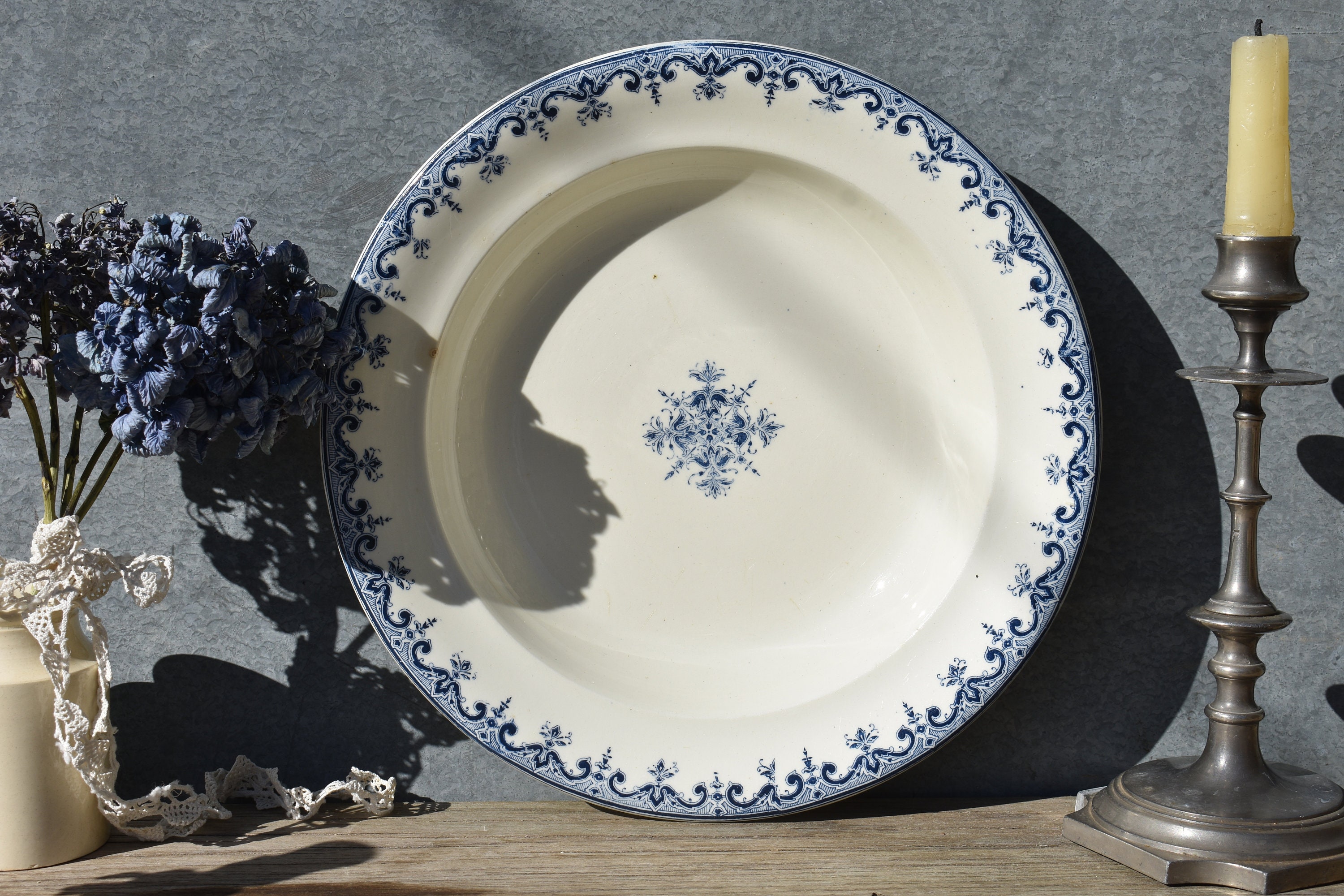 1900 Français Round Ironstone Bowl, Luneville Art Nouveau Dark Blue Transfer Dec -Rouen, White Shall