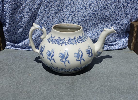 Antique French St Uze/st Vallier Teapot: Blue Floral Hand Stamped