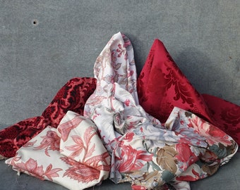 Vintage French Large Fabric Bundle, 1890-1990s, Red/Pink Florals, 6 Pieces French Floral Fabric Bundle, Damask, Chintz, Etc, Recycled & Old!