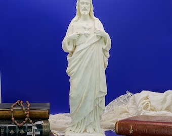 Statue vintage de Jésus en craie, France : figurine religieuse Mid-Century