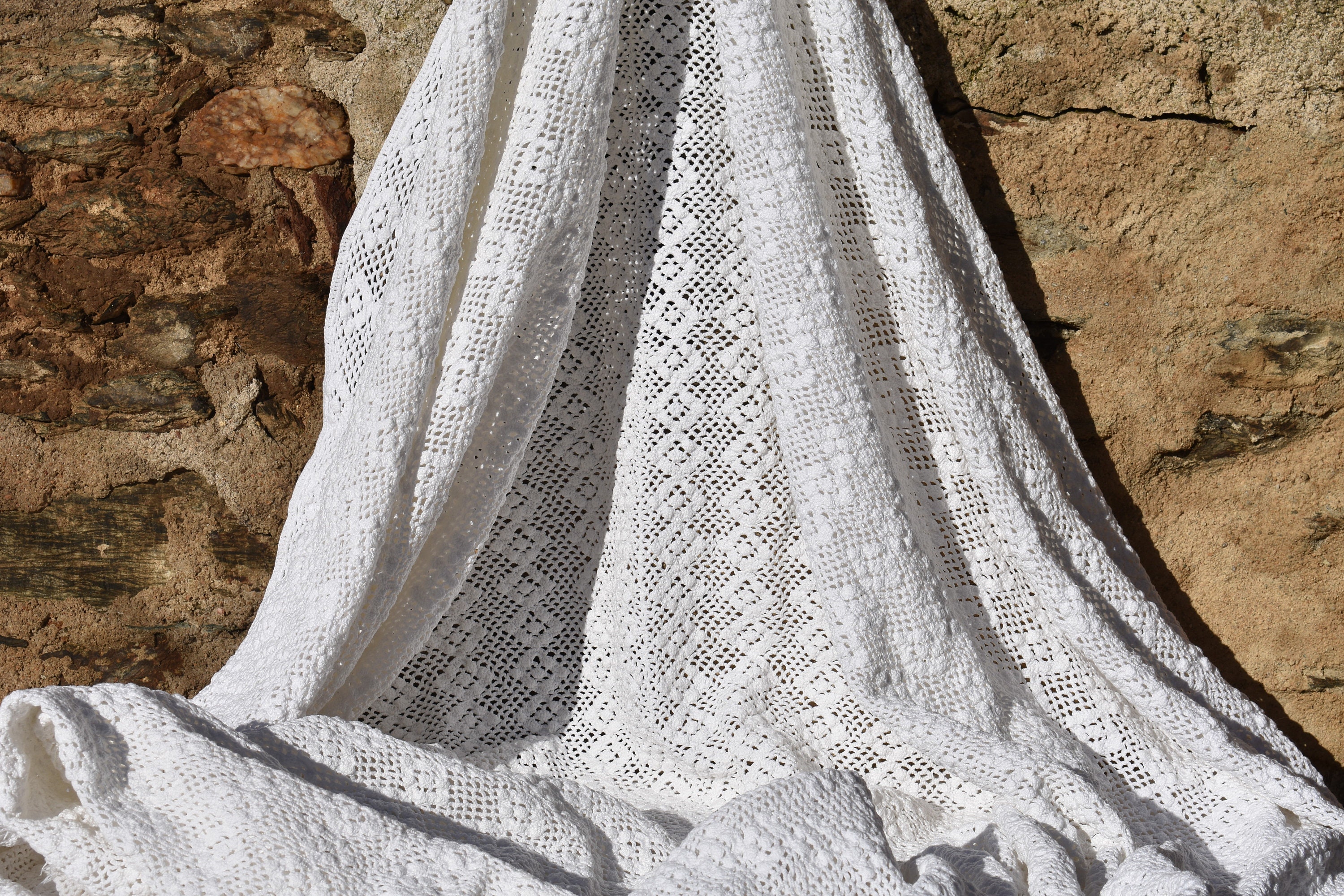 Français Grande Couverture Au Crochet en Coton Blanc, Housse Blanc Vintage Faite à La Main, Français