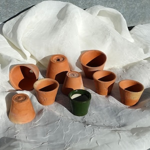 Puede incluir: Una colección de ocho macetas de terracota de diferentes tamaños y formas, con una maceta verde en el centro. Las macetas están dispuestas sobre una superficie de tela blanca.