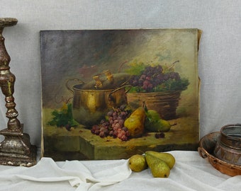 Huile sur toile, nature morte au début des années 1900, fruits et cuivre, artiste E. Lausanne, prête à encadrer, scène de cuisine de campagne antique