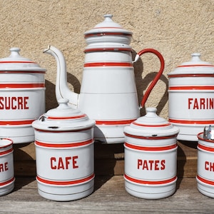 Lovely French Enamel Coffee Pot & Matching Enamel Kitchen Canister Set, Red White Enamel Coffee Pot and Spice Jars, Enamel Lidded Pots, VGC