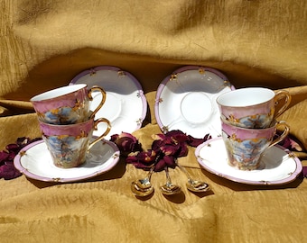 1800s Comte Artois Cup And Saucer Set, 4 Hand Painted Cups Saucers, 24k Gold And Pink Decor & Windmill Motif, Antique Pretty Cup Saucer Set