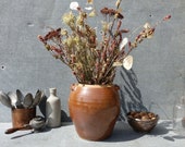 1900 French 8 quot Stoneware Confit Pot, Rustic Curvy Chestnut Glazed Stoneware Crock For Utensils, Wabi Sabi French Timeworn Stoneware Vase