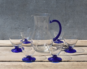 French Glass Carafe & Glasses Set, Beautiful Handmade Clear and Cobalt Blue Water/Lemonade/Cordial Pitcher + 6 Glasses Set, Al Fresco Dining