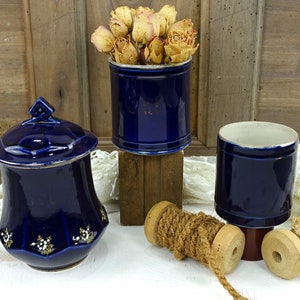 19th French St Uze Blue Kitchen Canisters, 3 Mismatched Cobalt Enamel Stoneware Pots With Gold Accents, One Napolean 3 With Fine Decoration.