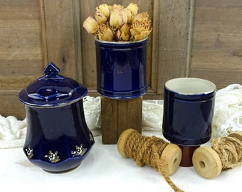 19th French St Uze Blue Kitchen Canisters, 3 Mismatched Cobalt Enamel Stoneware Pots With Gold Accents, One Napolean 3 With Fine Decoration.