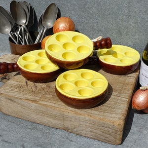 Set of Four French Vintage 6 Well Snail Dishes, Snail Serving Platters, Stoneware Classic Yellow And Brown Escargots Dishes, Made In France.