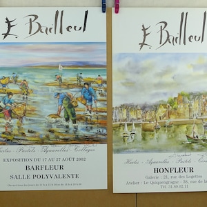 Manifesto della mostra AUTOGRAFATO dall'artista francese Bailleul, Etienne Bailleul (1943-2019), Manifesto originale, Hornfleur Harbor & Fisher Folk Sea Scape.