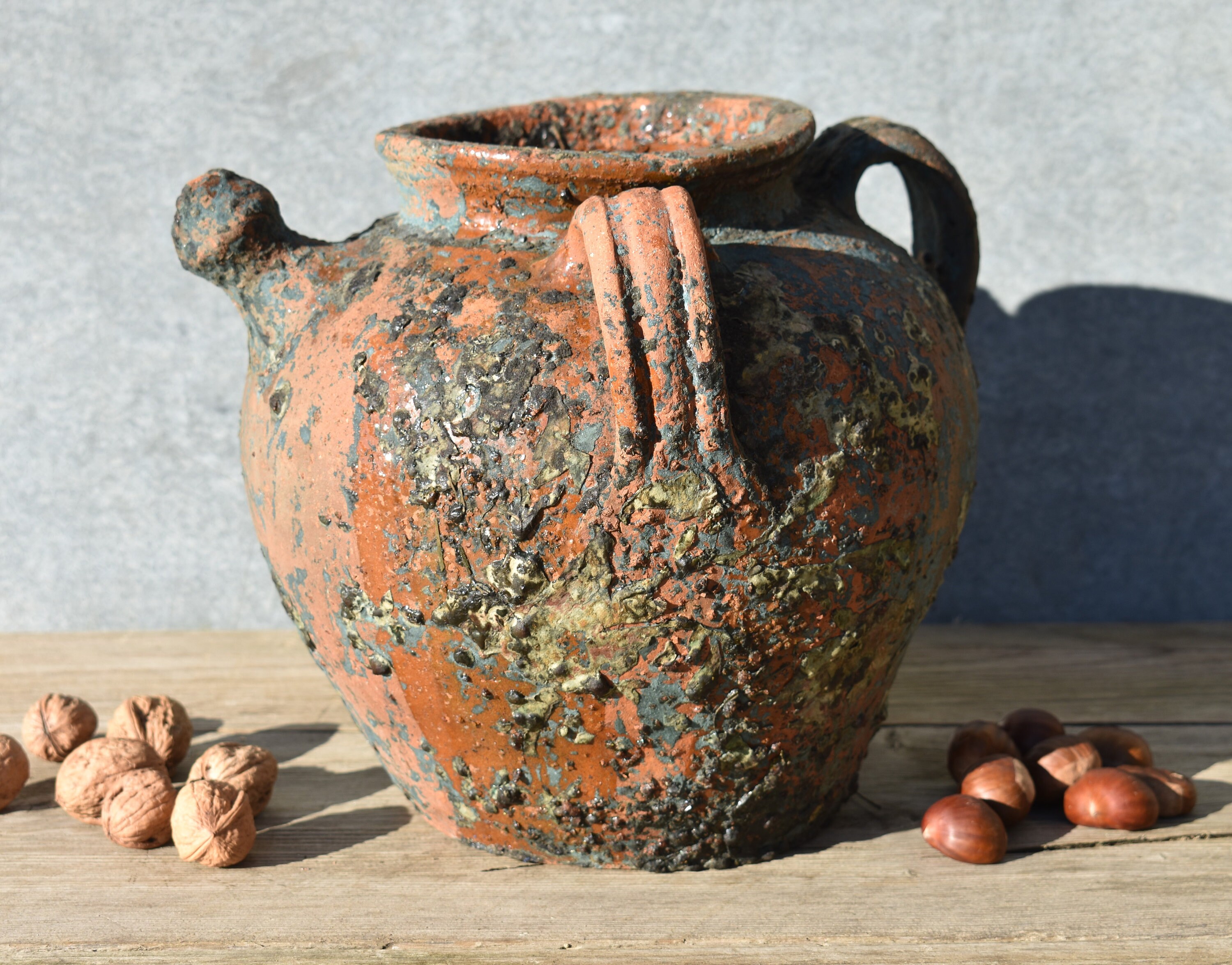 Pichet à Huile d'argile Français Années 1800, Superbe Pot ou Amphore en Terre Cuite Émaillée Partie 