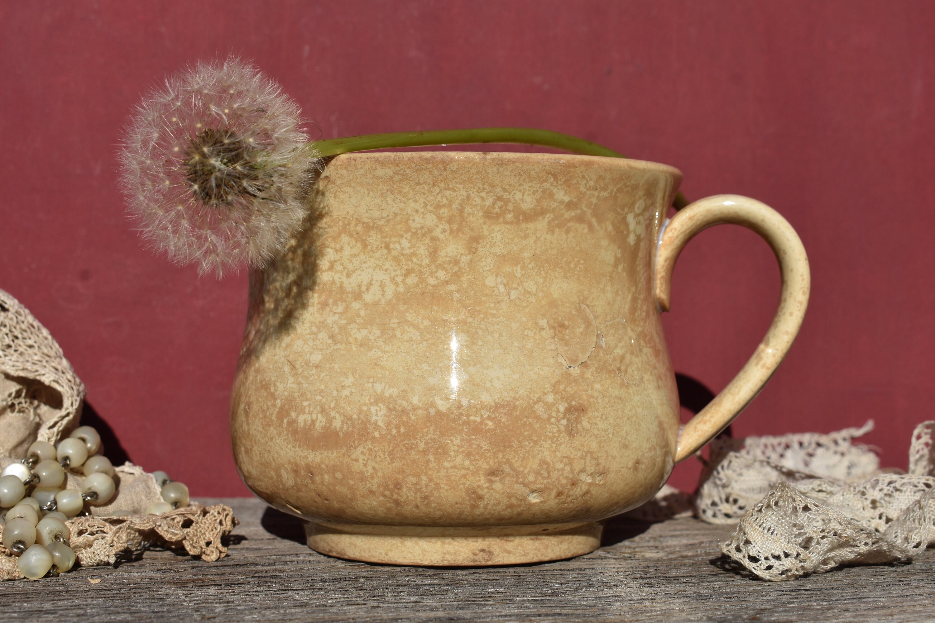 19Th Rare Français Ironstone Cup, A Beautiful Tea Stained Plain Cup Or Pitcher, Digoin & Sarreguemin