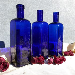 3 Lovely Paris Made Cobalt Blue Pharmacy Bottles, A Terrific Trio Of French Dark Blue Chemist Bottles, 1890&#39;s Unused Blue Medicine Bottles
