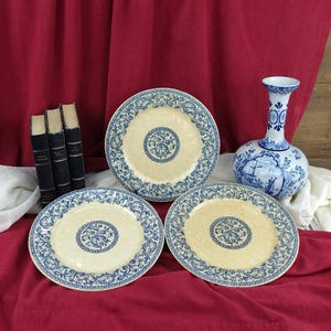 French Trio Of Ironstone Plates, Three Blue And White Dinner Plates, Gien Rouen Design Plates, Terre De Fer Delightful 1920&#39;s Quality Plates