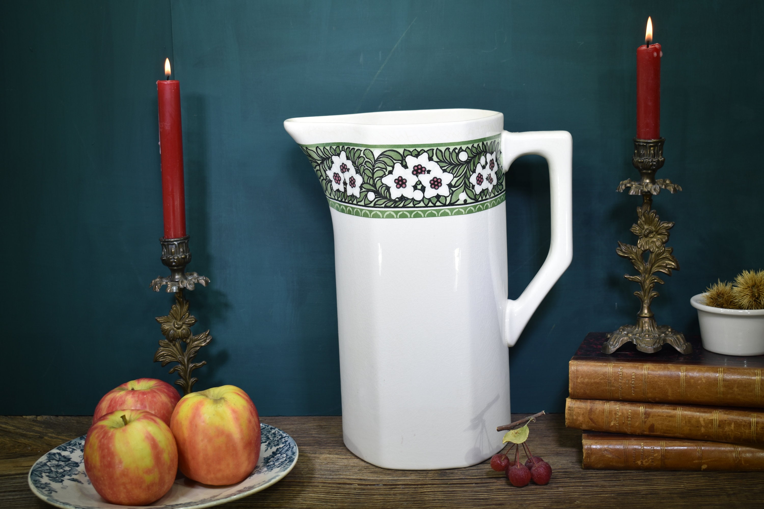 Pichet en Pierre de Fer Art Déco Villeroy & Boch 12, Pichet à Eau Ironstone Antique, Décor Fleurs Ho