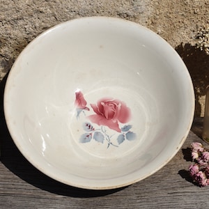 French Antique Ironstone Bowl, Digoin Ivory Ironstone Bowl Pretty Pink Grey Floral Decor, Stained Ironstone French Salad Bowl, Digoin Bowl