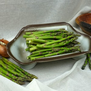 French Salins Asparagus Serving Dish, Super 1970's Chocolate Brown Glazed Asparagus Tableware, French Kitchen Decor, Lovely Asparagus Detail