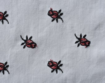 1950s Pale Blue & Red Rosebud Embroidered Motif Cotton Fabric, French Vintage 50s Retro Floral Cotton, Pale Blue Red Black Rose Bud Decor