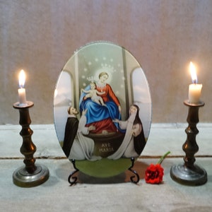 Virgin Mary & Infant Jesus Oval Plaque On Stand, Italian Catholic Icon, Serene Madonna and Child Printed Image on Curved Glass + Stand