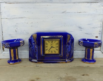 1930s French Mantle Clock Set, Working Clock And Matching Pair Of Cups, Art Deco French Royal Blue & Gold Alarm Clock, French Mantle Decor.