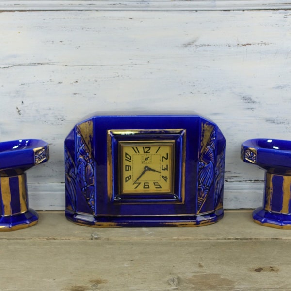 1930s French Mantle Clock Set, Working Clock And Matching Pair Of Cups, Art Deco French Royal Blue & Gold Alarm Clock, French Mantle Decor.