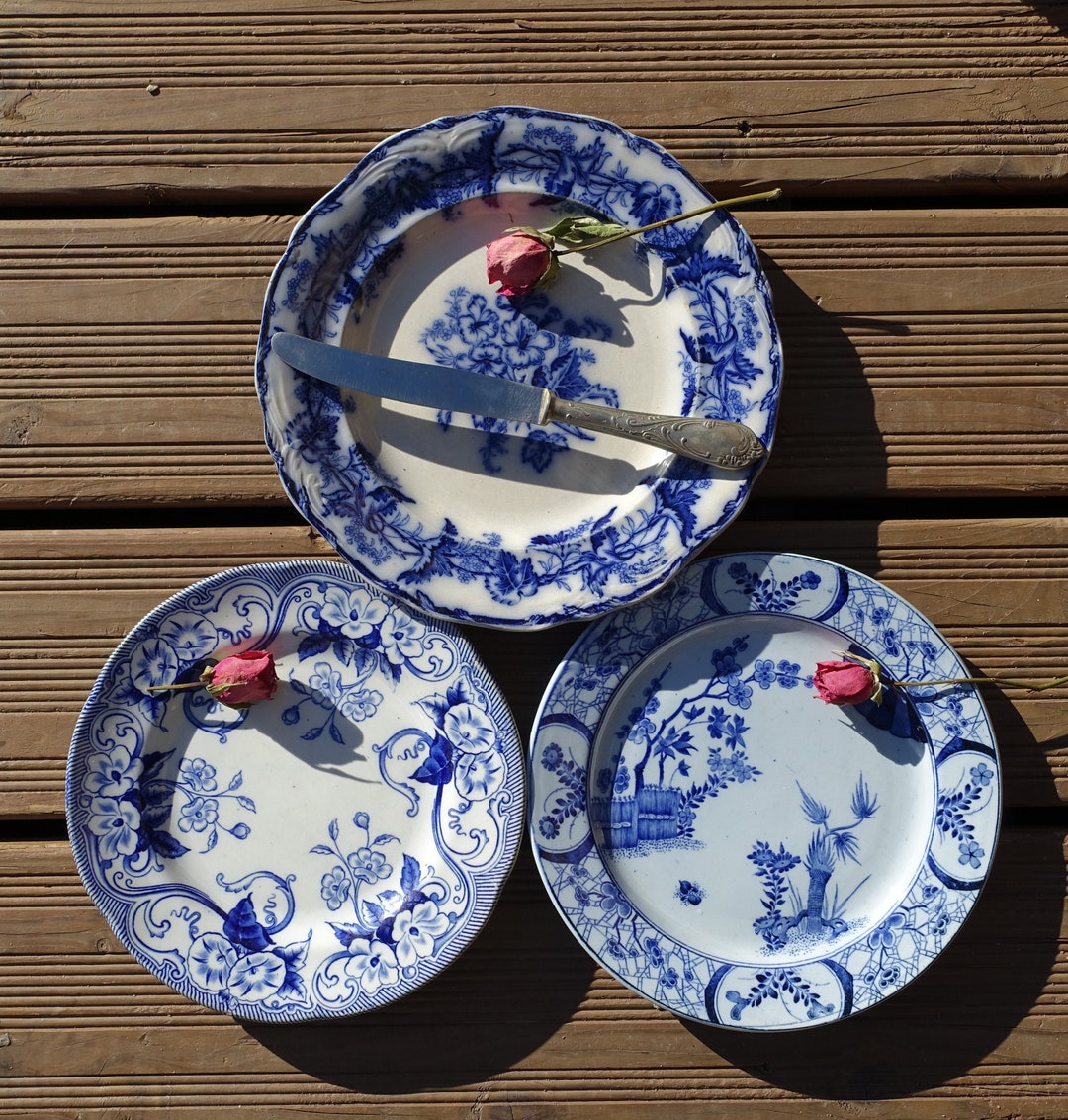 1800s French Mismatched Ironstone Plates, SET of 3 Beautiful Flow Blue
