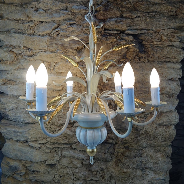 1970s French Wheatsheaf Chandelier, French Retro Tole & Wood 6 Arm Chandelier, Gold Wheat Stalks, off White Toleware Leaves, MCM Lighting