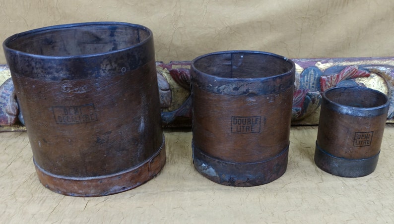 Antique French Grain Measures: Bentwood, Steel & Leather - 19th Century Trio image 2