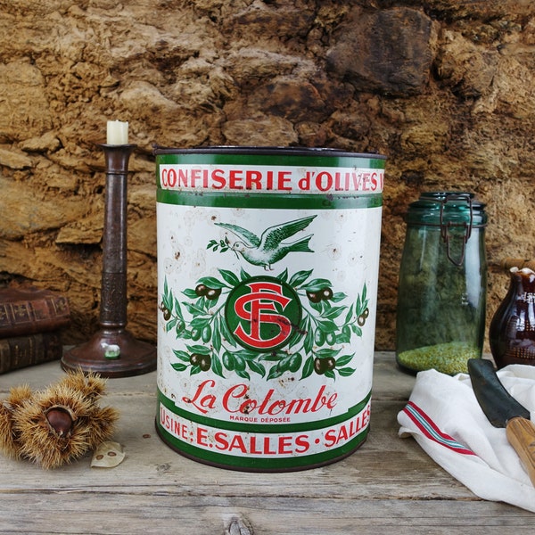 French 10" Olives/Cornichons Enamelled Canister, "Confiserie D'Olives & Cornichons", Shabby Rusty French Enamel Tin, Lovely Dove+Olives Dec