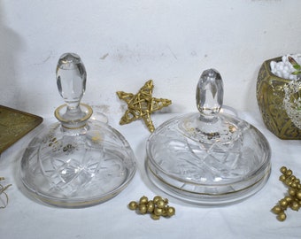 1870s French Etched Glass Vanity Set: Napoleon III Perfume Bottle & Powder Jar