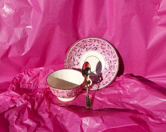 c1850 French Lustre Ware Cup & Saucer Set, French Prettiest Pink Floral Footed Cup + Deep Saucer, Lustre Pink Gilt Accents and Gilt Teaspoon