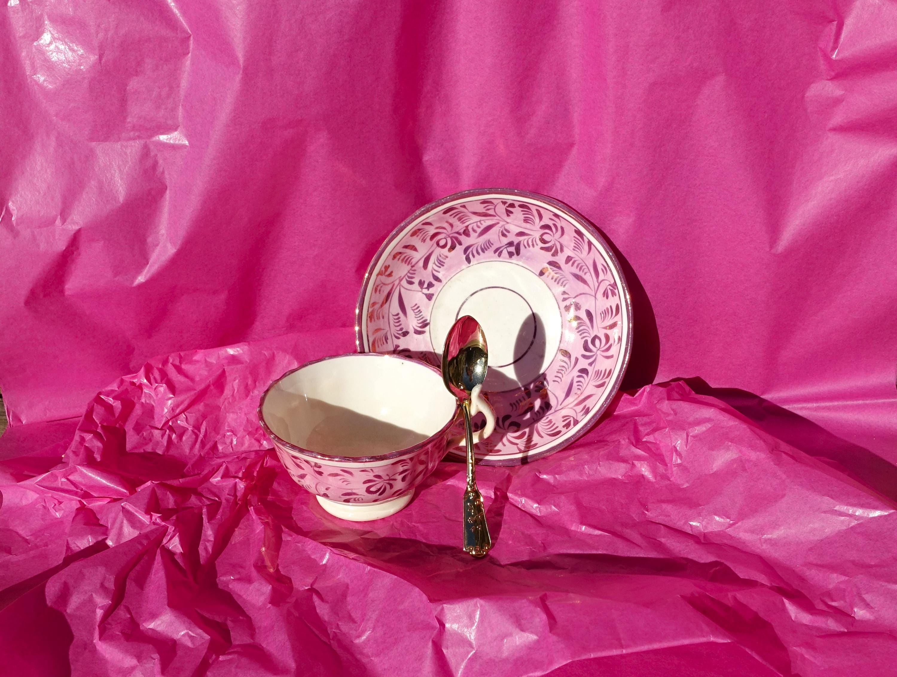 c1850 French Lustre Ware Cup & Saucer Set, French Prettiest Pink Floral Footed Cup + Deep Saucer, Lustre Pink Gilt Accents and Gilt Teaspoon