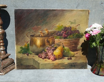 Huile sur toile, nature morte au début des années 1900, fruits et cuivre, artiste E. Lausanne, prête à encadrer, scène de cuisine de campagne antique