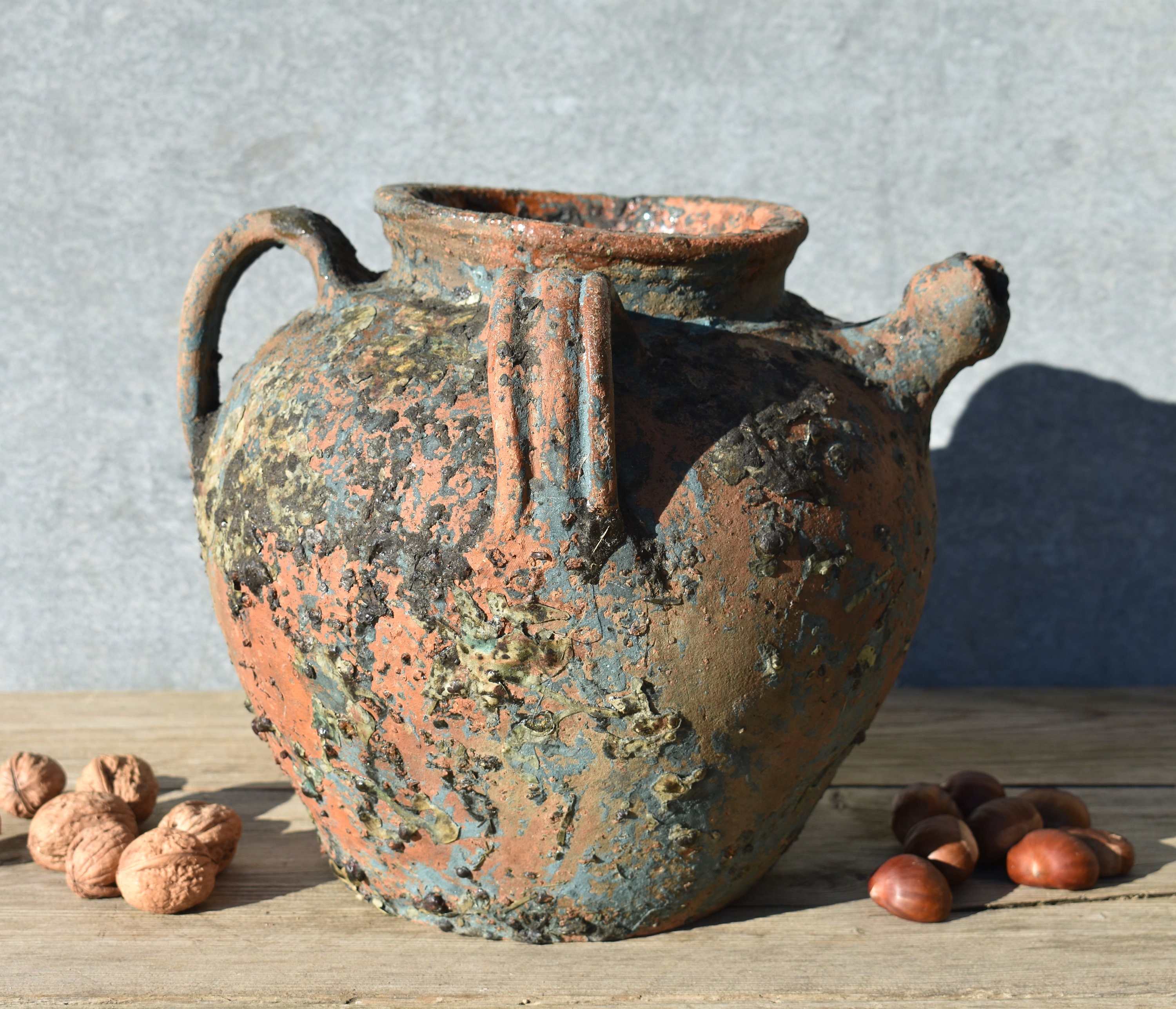 Antique French Clay Oil Jar: 1800s Walnut Oil Amphora, Textured