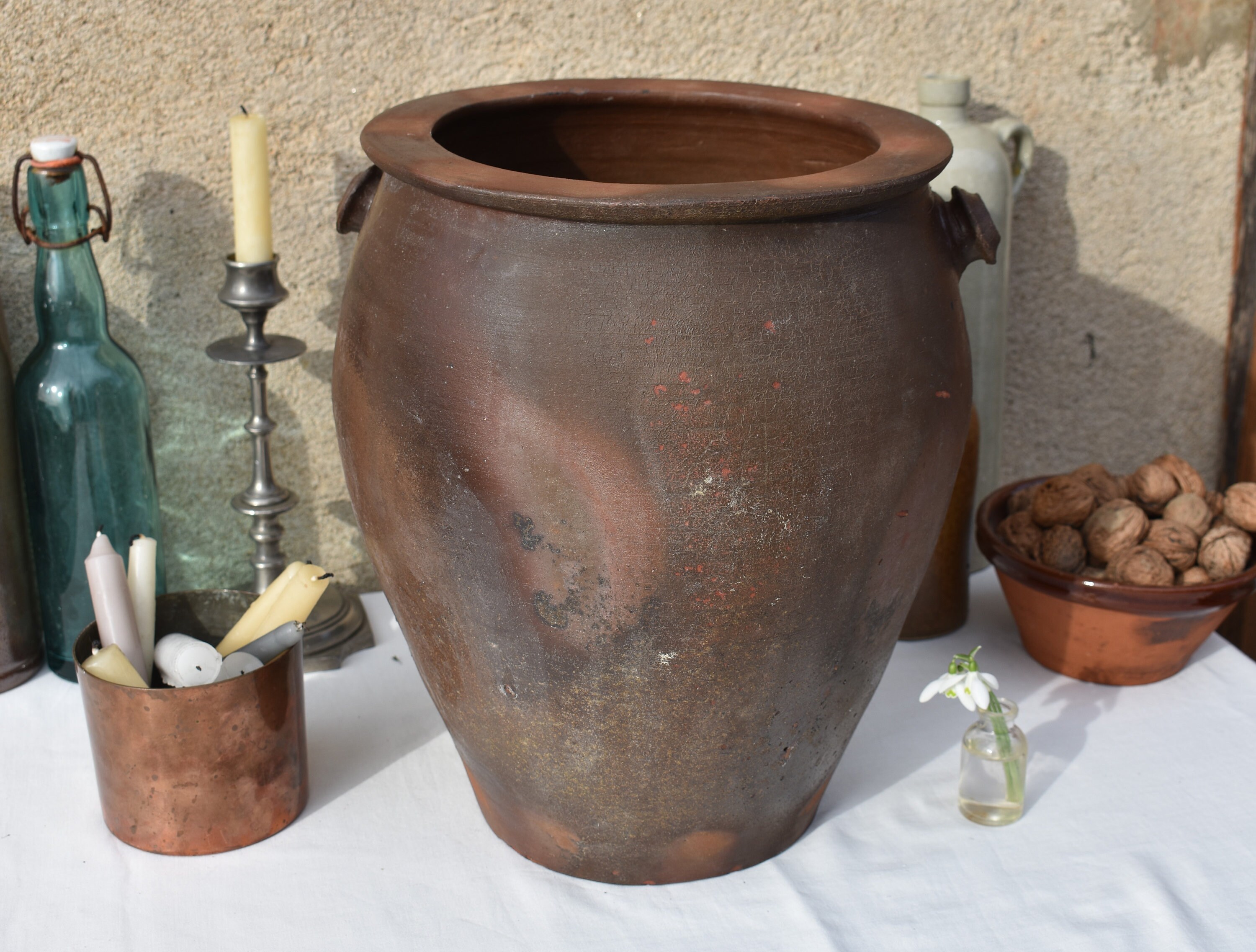 Pot à Confit Xl Français Années 1920, Un Pot Graisse Inhabituel en Argile de Normandie Foncée 13 Pou