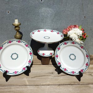 Alfred Lanternier Porcelain, Pedestal Cake Stand & Two Matching Cake Plates, 1940&#39;s/50&#39;s Limoges Porcelain, Lovely Rose Motifs And Gilding.