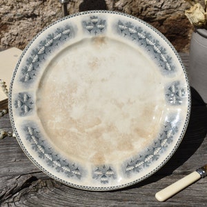 French Ironstone Cake Stand,  A Stunning &quot;Choisi Le Roi&quot; Stained Ironstone Short Pedestal Base Fruit Plate, Gorgeous Grey Daisies Decor