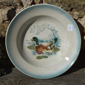 1932 French Ironstone Duck Bowl, &quot;St Amand&quot; Beautiful Duck In Pond Design Heavy Ironstone Serving Bowl, Stained Ironstone Duck Bowl - Bowl A